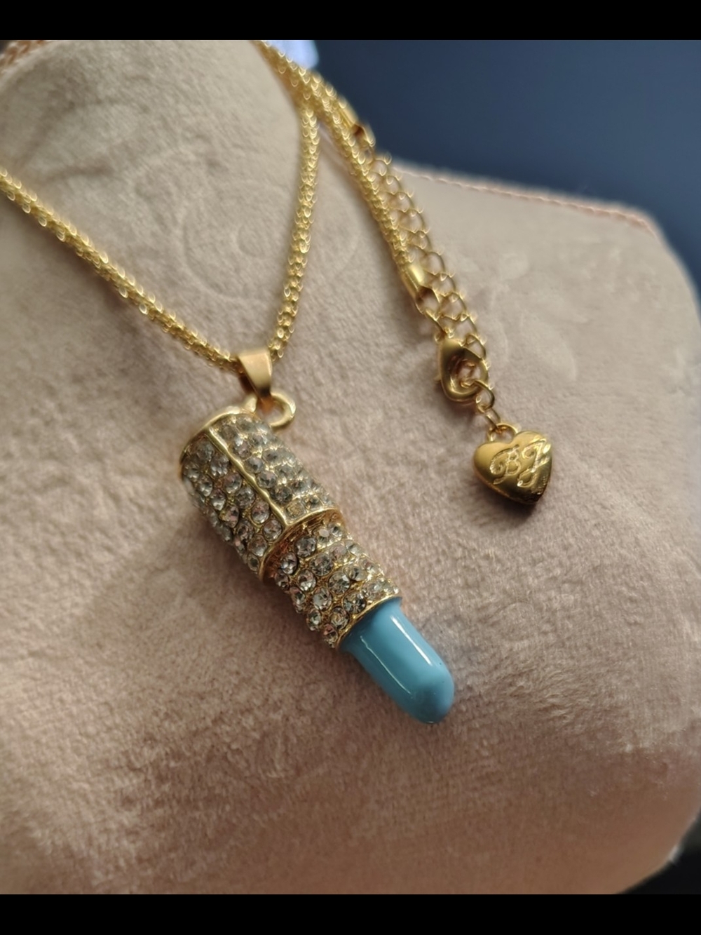 Betsey Johnson Gold-Tone Blue Lipstick Crystal Pendant Necklace